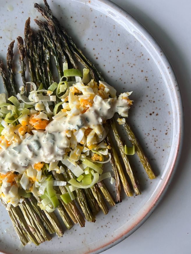 roasted asparagus and leeks with dijon cream sauce and boiled&nbsp;eggs