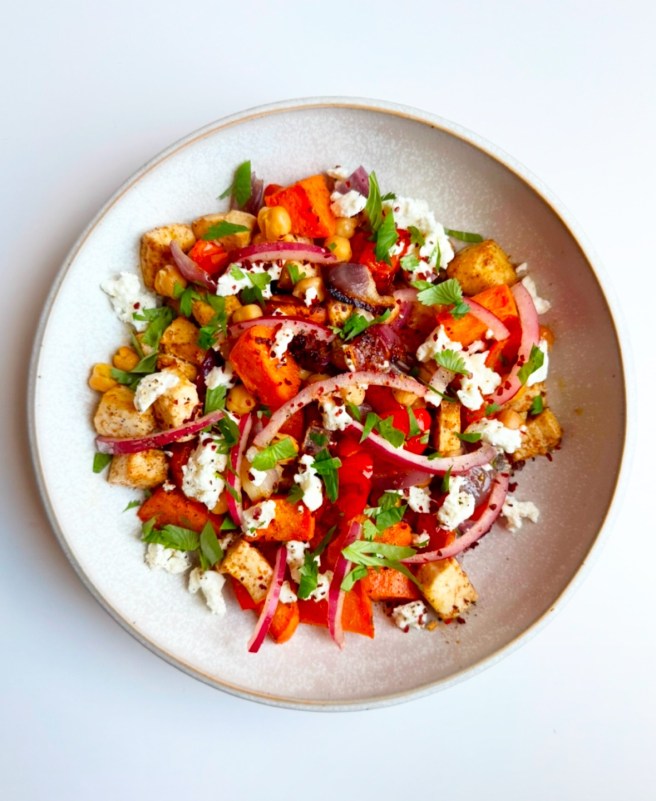 Roasted Sweet Potato, Tofu, and Chickpea Bowl with Feta&nbsp;Recipe